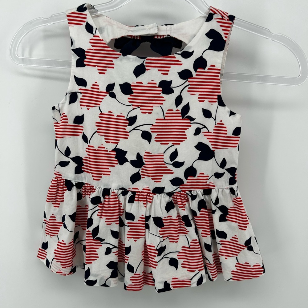 Janie and Jack Red White Blue Floral Stripe  Print Peplum Top Open Back Bow 5